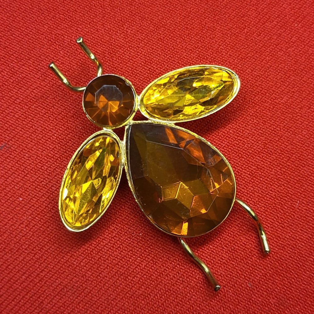 VTG Bee Brooch Lucite Citrine Topaz Orange Golden Yellow Faceted Large Insect Cr - Picture 10 of 12